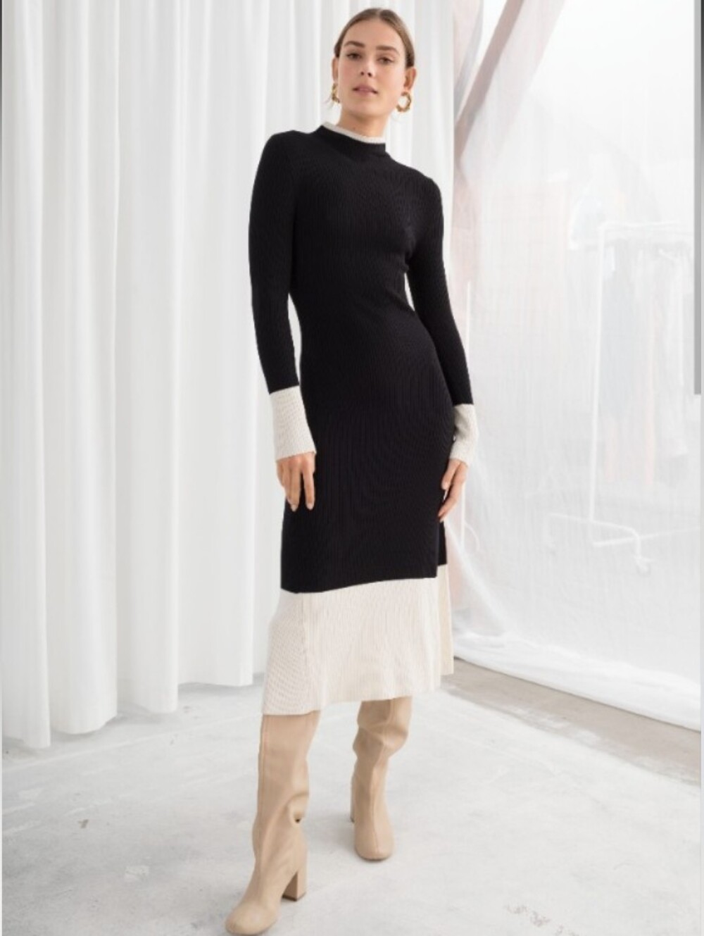 & Other Stories Black Knit Midi Dress with Cream Trim